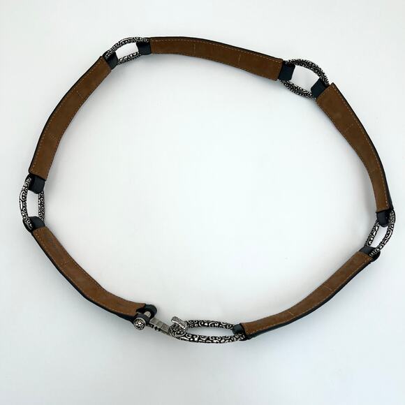 Brighton Gray Leather Belt Womens 38 Oval Ring Hook Closure Classic Style Silver